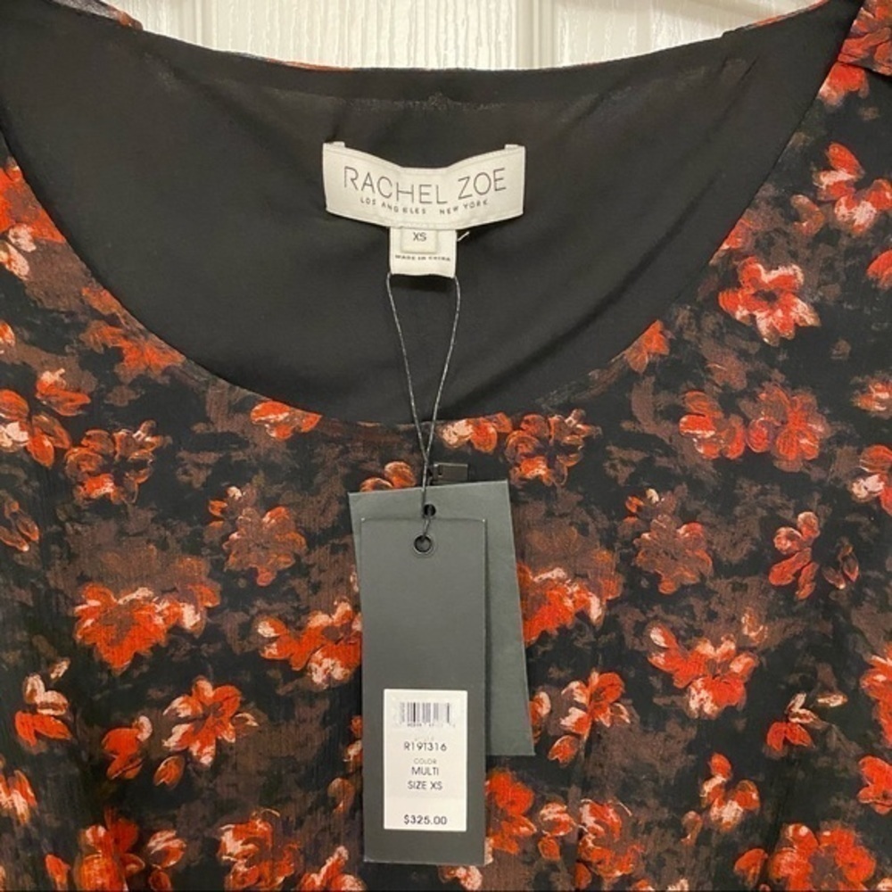 RACHEL ZOE Silk Ruffle-Sleeve Floral Top in Black/Red Multi Size XS - Picture 5 of 8